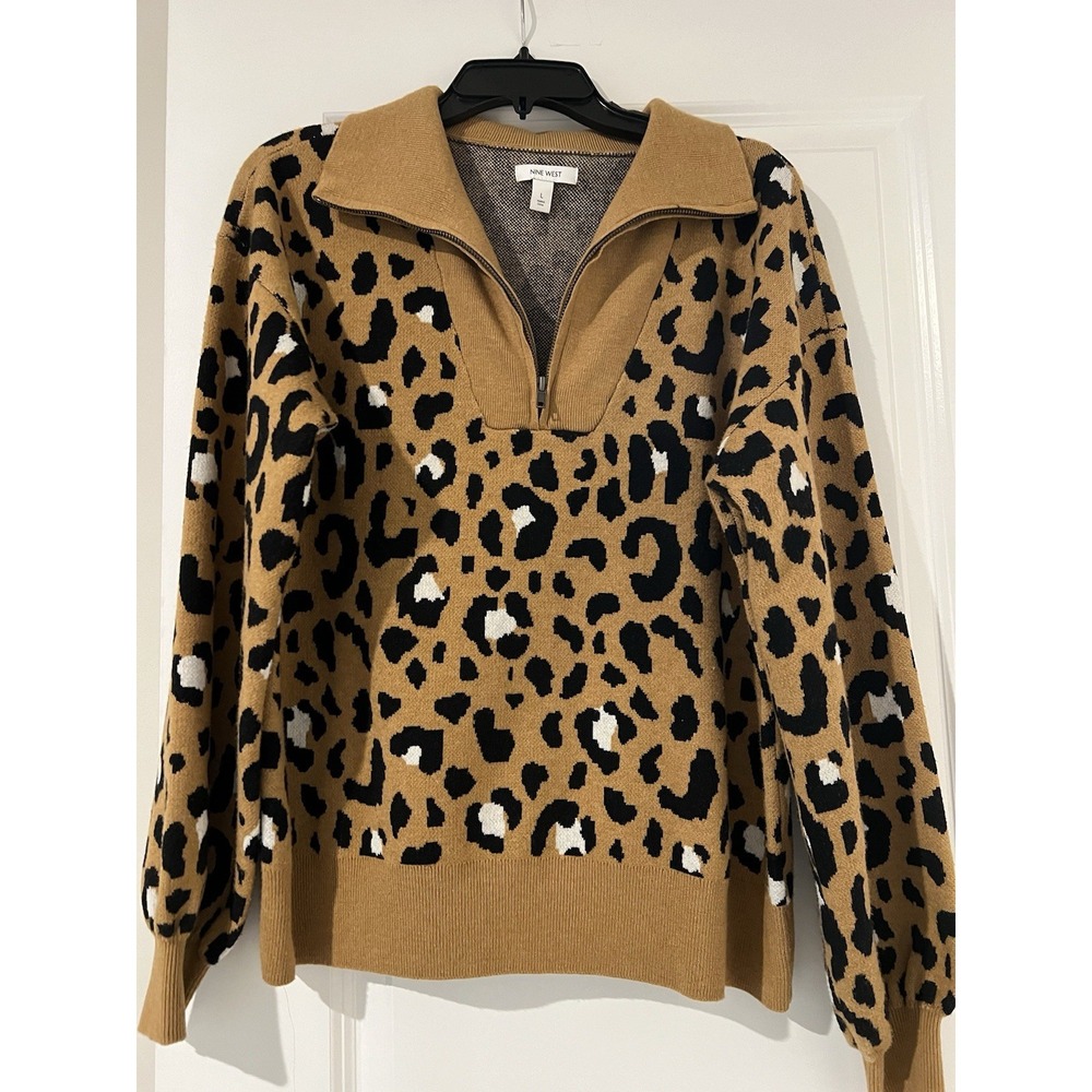 Nine West Women's L Sweater Leopard Print‎ Sweater-Quarter Zip Maximalist Animal